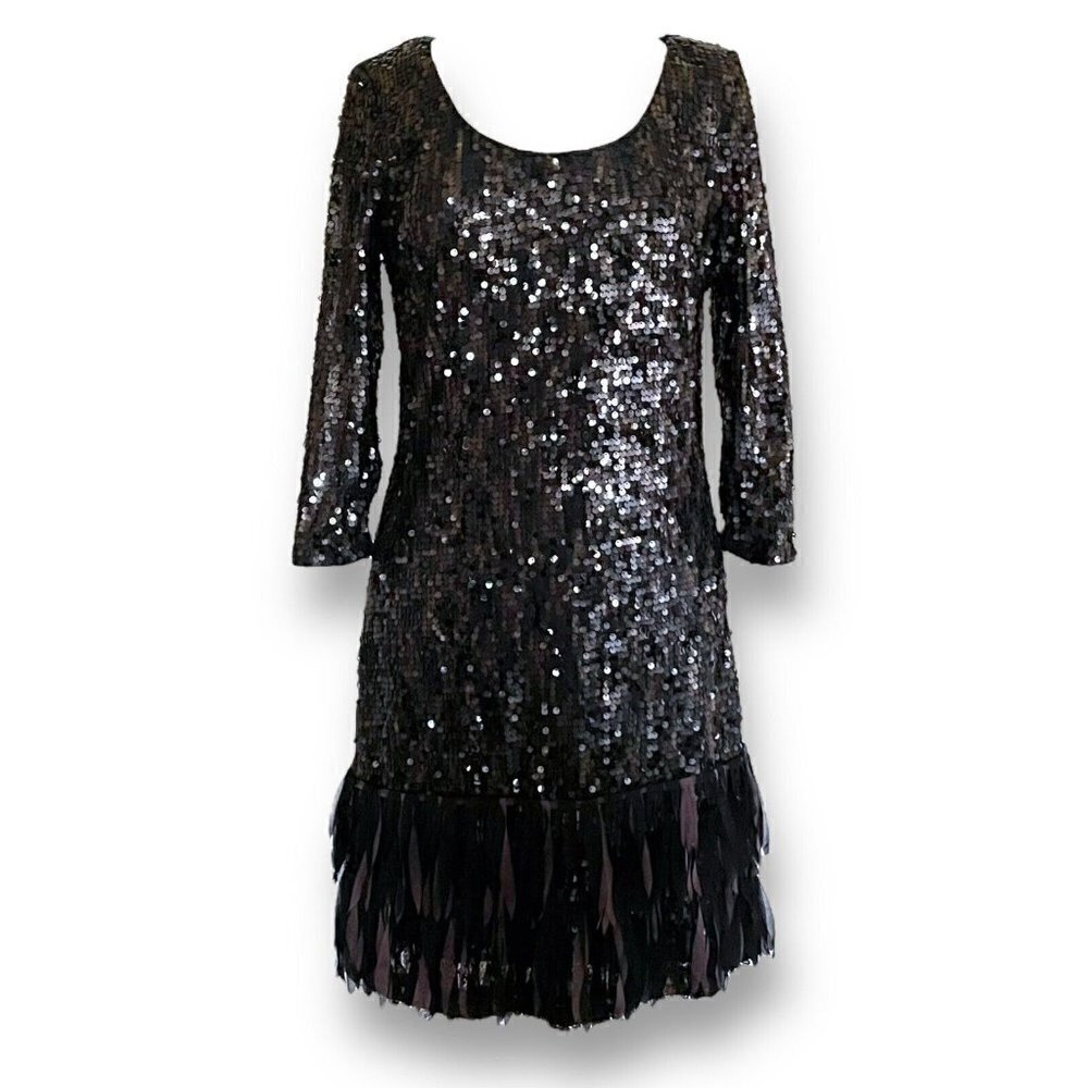 Sugarplum Womens Cocktail Dress Sz M 10 Black Sequined Feather Fringe Hem LBD